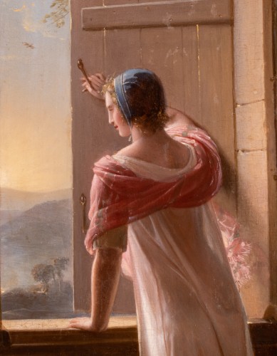 Tableaux et dessins Tableaux XIXe siècle - Jeune femme à sa fenêtre, 1822 -  Jean Antoine Laurent ( 1763 - 1832 )
