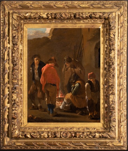 Paysans autour d'un feu - Hollande 17e siècle, entourage de Karel Dujardin