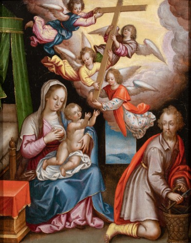 Sainte Famille avec les anges portant La Croix , par Pieter Lisaert , début 17 è - Tableaux et dessins Style Louis XIII