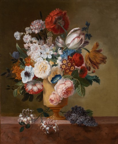 Vase de fleurs sur un entablement - France fin 18 è siècle, entourage de Van Dael - Tableaux et dessins Style Louis XVI