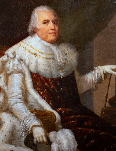 Portrait de Louis XVIII en costume de sacre, entourage de Gérard 1820 - Tableaux et dessins Style Restauration - Charles X