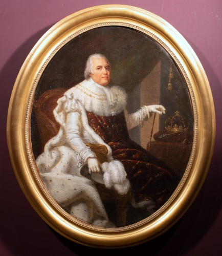 Tableaux et dessins Tableaux XIXe siècle - Portrait de Louis XVIII en costume de sacre, entourage de Gérard 1820