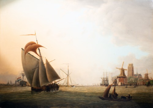 Bâteaux dans le port de Dordrecht , par Jan van Os , Hollande 18 è siècle - Tableaux et dessins Style Transition