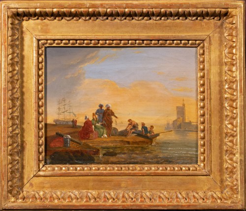 Port méditerranéen au soleil couchant , entourage de Lacroix de Marseille , fin 18è