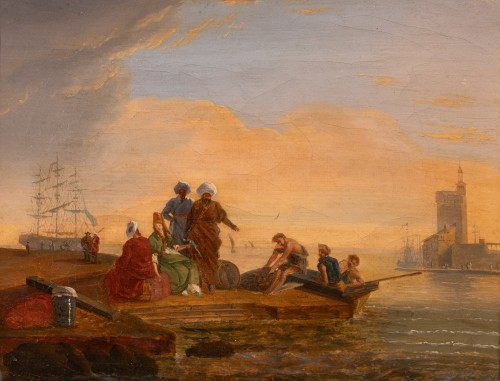 Port méditerranéen au soleil couchant , entourage de Lacroix de Marseille , fin 18è - Tableaux et dessins Style Louis XVI