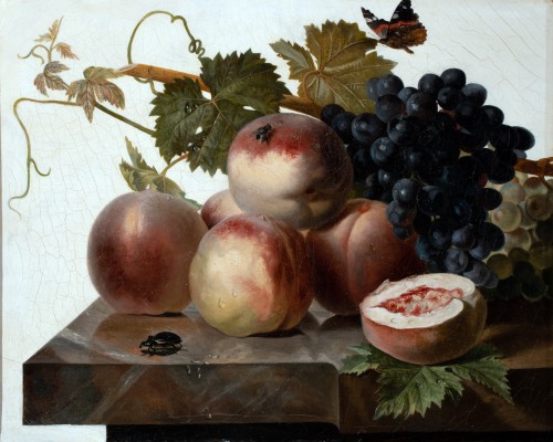 Nature morte aux fruits, papillon et scarabée, attribué à Van Dael - Tableaux et dessins Style Empire