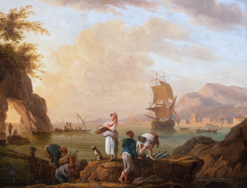 Vue d’un port au soleil couchant - Atelier de Joseph Vernet fin 18e - Tableaux et dessins Style Louis XVI