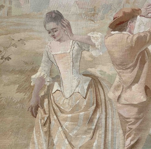 Scène champêtre galante - Tapisserie Manufacture Felletin Aubusson vers 1890 signée F. Bernardet - Tapisserie & Tapis Style 