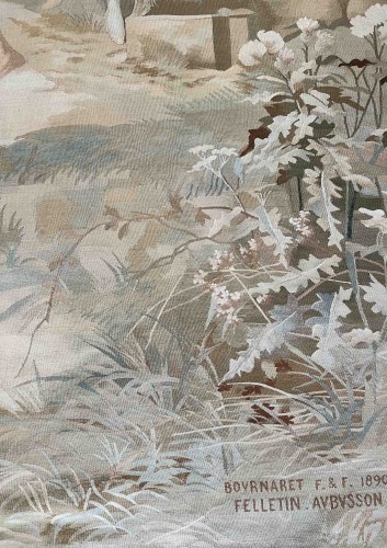 XIXe siècle - Scène champêtre galante - Tapisserie Manufacture Felletin Aubusson vers 1890 signée F. Bernardet