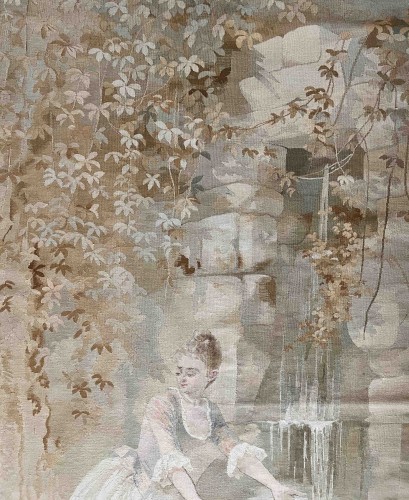 Scène champêtre galante - Tapisserie Manufacture Felletin Aubusson vers 1890 signée F. Bernardet - 