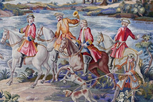 Aubusson Tapestry - Hunting Scene Under Louis XV - Tapestry & Carpet Style 