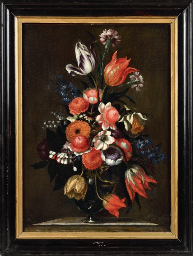 Bartolomeo Ligozzi (1620-1695) - Bouquet de fleurs dans un vase en verre - Tableaux et dessins Style Louis XIV