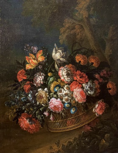 Jan-Baptist Bosschaert (1667 - 1746) - Basket of flowers in a landscape.