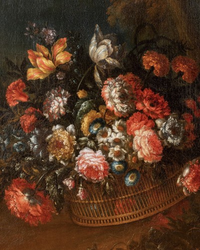 Jan-Baptist Bosschaert (1667 - 1746) - Basket of flowers in a landscape. - Paintings & Drawings Style French Regence