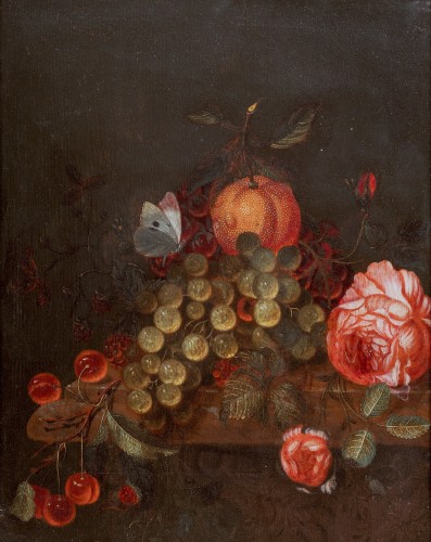 Fruits and Roses on a Ledge - Jan VAN DOORNIK, vers 1710