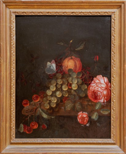 Fruits and Roses on a Ledge - Jan VAN DOORNIK, vers 1710 - Paintings & Drawings Style Louis XIV