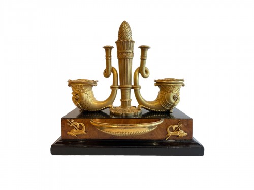 Encrier Empire en loupe de frêne, ébène et bronze doré
