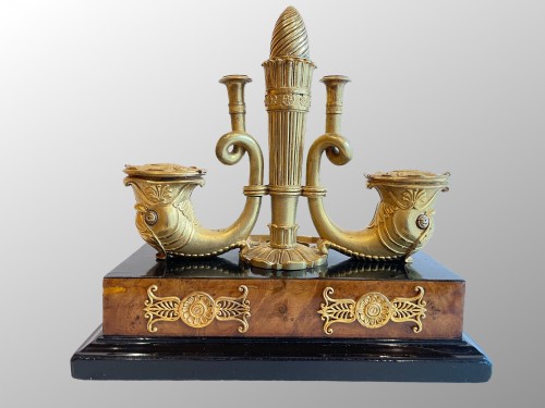 Empire inkwell in Ash burl, ebony and gilt bronze - Decorative Objects Style Empire