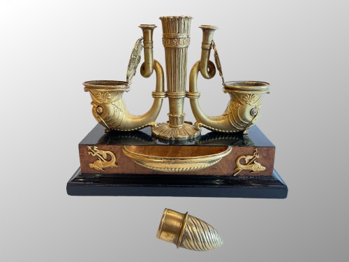 Objet de décoration Encrier - Encrier Empire en loupe de frêne, ébène et bronze doré