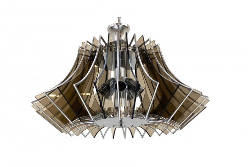 Chromed metal and glass chandelier, Italian design from the late 70's