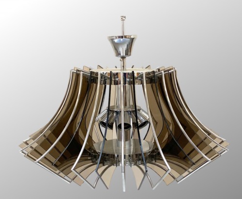 Chromed metal and glass chandelier, Italian design from the late 70&#039;s - Lighting Style 