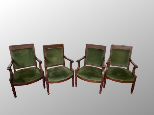 Suite de quatre fauteuils d'officier en acajou 1er Empire  - Galerie Maxime Fustier