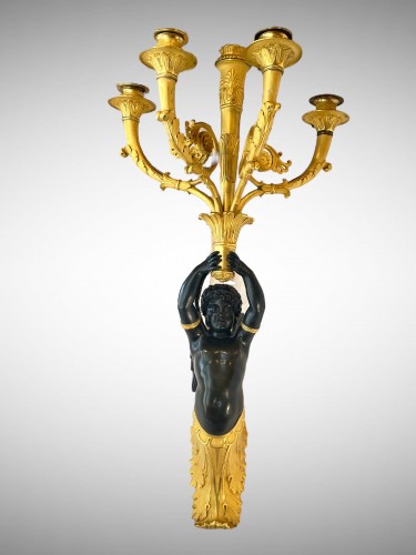 Paire de grandes appliques en bronze doré et patiné d'époque Empire - Luminaires Style Empire