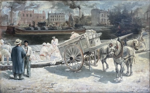 Huile sur toile par Emile Blanchon (né en 1845) - Le déchargement du plâtre