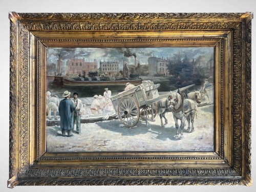 Huile sur toile par Emile Blanchon (né en 1845) - Le déchargement du plâtre - Tableaux et dessins Style 