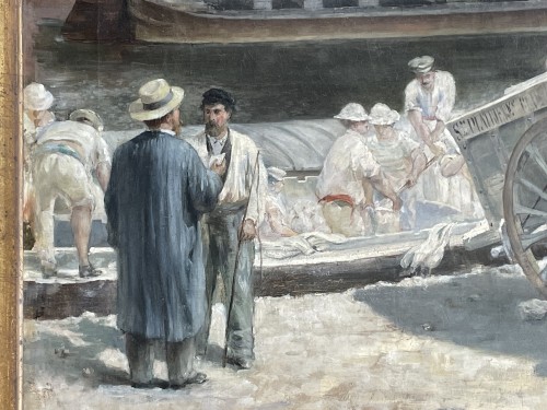 Huile sur toile par Emile Blanchon (né en 1845) - Le déchargement du plâtre - Galerie Maxime Fustier