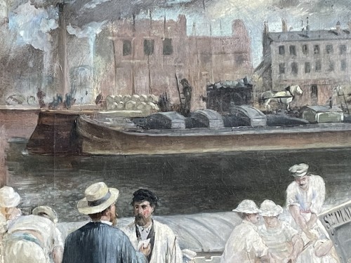 XIXe siècle - Huile sur toile par Emile Blanchon (né en 1845) - Le déchargement du plâtre