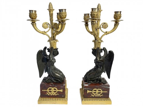 Paire de candélabres époque 1er Empire bronze doré et patiné marbre rouge griotte