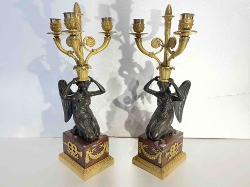 Pair of candelabras 1st Empire gilt bronze and patinated marble  - Lighting Style Empire