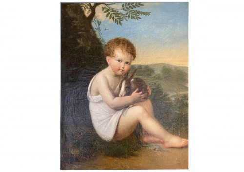 Enfant et son lapin, huile sur toile début du XIXe siècle