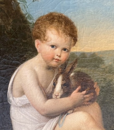 Tableaux et dessins Tableaux XIXe siècle - Enfant et son lapin, huile sur toile début du XIXe siècle