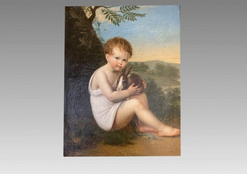 Enfant et son lapin, huile sur toile début du XIXe siècle - Galerie Maxime Fustier