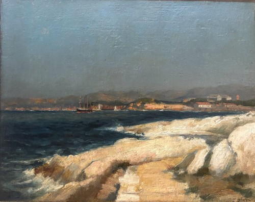Vue du port de Marseille depuis l'île de l'Eyglaudes - Jean Batiste OLIVE (1848-1936) - Tableaux et dessins Style Art nouveau