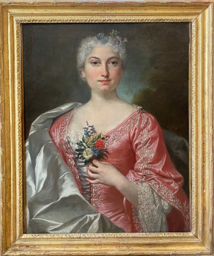 Louis TOCQUÉ (1696-1772) Attributed to - Portrait of a lady holding a carnation bouquet