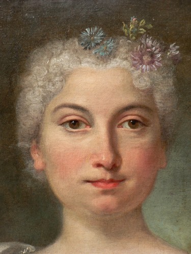 Louis TOCQUÉ (1696-1772) Attributed to - Portrait of a lady holding a carnation bouquet - 