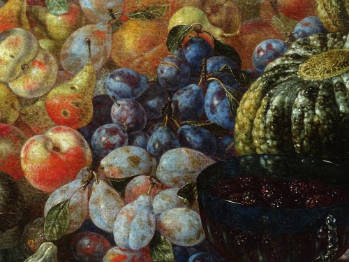 Tableaux et dessins Tableaux XVIIe siècle - Giuseppe Recco (1634-1695) – Nature morte aux melons, poires, pêches, prunes et figues
