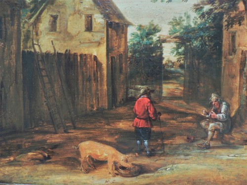 Tableaux et dessins Tableaux XVIIe siècle - David II Teniers - Scène villageoise avec un cochon
