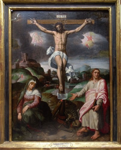 Adriaen Thomasz Key - Le Christ en croix entouré de la Vierge et Saint Jean - Tableaux et dessins Style Renaissance