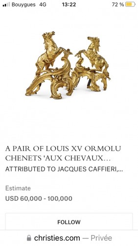 Antiquités - Paire de chenets aux chevaux d’époque Louis XV