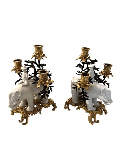 Pair Of Kangxi-period White Porcelain Elephants Mounted As Candelabra 
