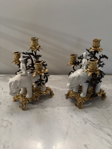 Pair Of Kangxi-period White Porcelain Elephants Mounted As Candelabra  - Lighting Style Louis XV