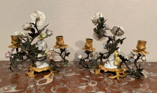 Antiquités - Paire de candélabres en porcelaine de Meissen