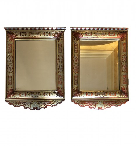 Paire de miroirs d’époque Louis XIV en marqueterie Boulle