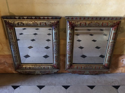 Paire de miroirs Louis XIV marqueterie Boulle - Miroirs, Trumeaux Style Louis XIV