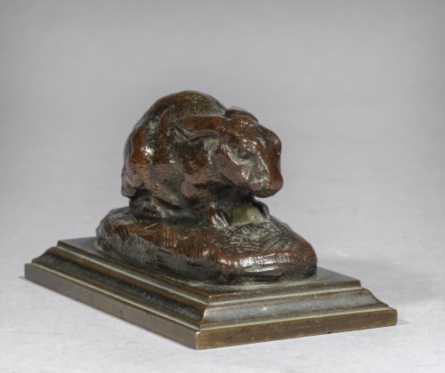 Sculpture Sculpture en Bronze - BARYE Antoine-Louis (1795-1875 Français), Lapin oreilles couchées terrasse carrée