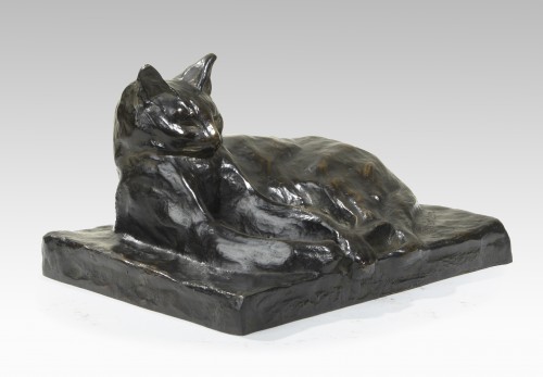 Sculpture Sculpture en Bronze - Steinlen Théophile-Alexandre (1859-1923) - Chat couché